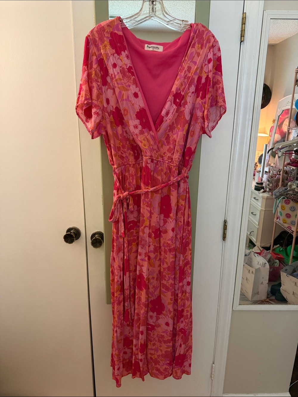 Impressions Bright Pink Floral Wrap Dress